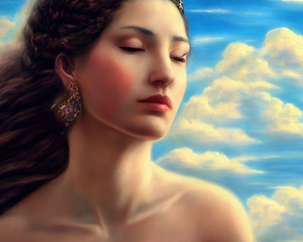 Braided hairstyle woman with headband and earring against blue sky