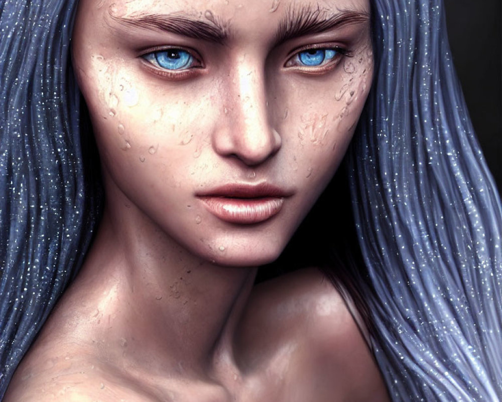 Portrait of person with blue eyes, pale skin, and long blue hair with water droplets.
