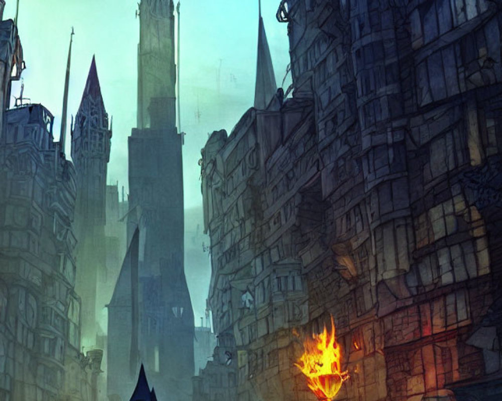 Cloaked figure in medieval cityscape at dusk with spires and torch