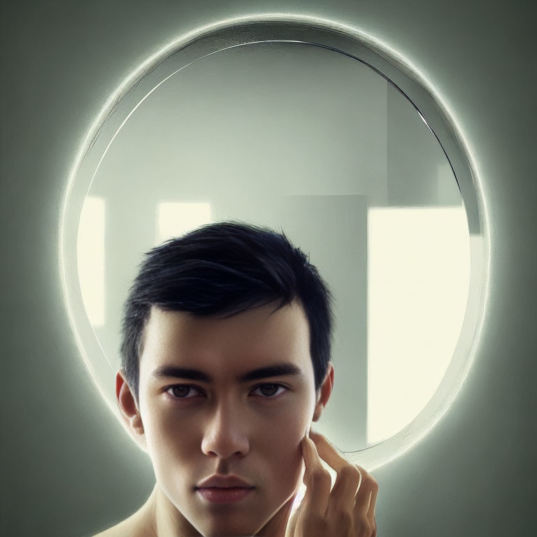 Dark-Haired Man Gazing Through Circular Frame