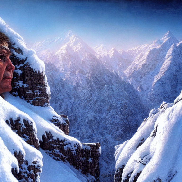 Snowy Mountain Landscape with Giant Face in Cliffs