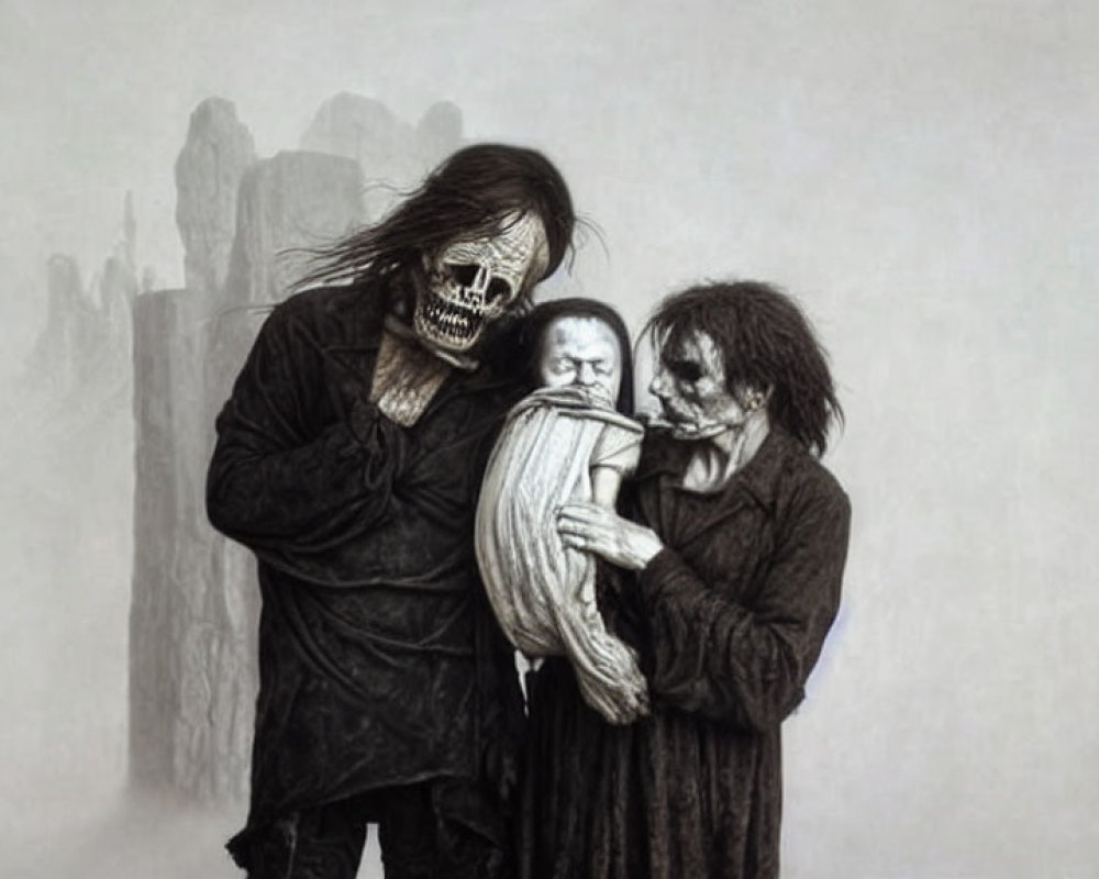 Monochromatic artwork of eerie skeletal figures with a baby, set against a vague cityscape