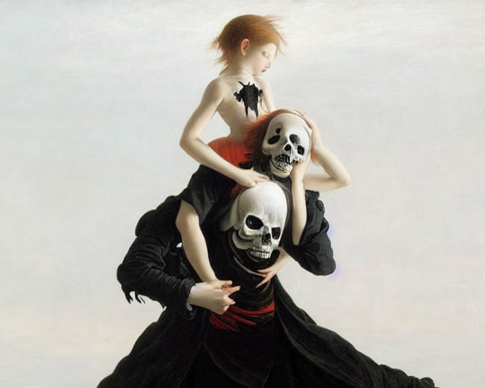 Surreal artwork of pale woman with fiery hair dancing atop skull-faced figures