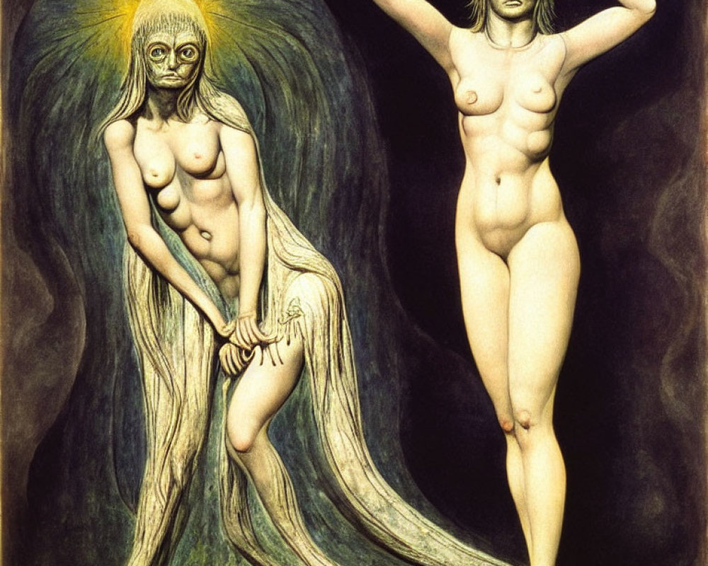 Surreal nude female figures with halos and masks, one seated with creature, one standing with