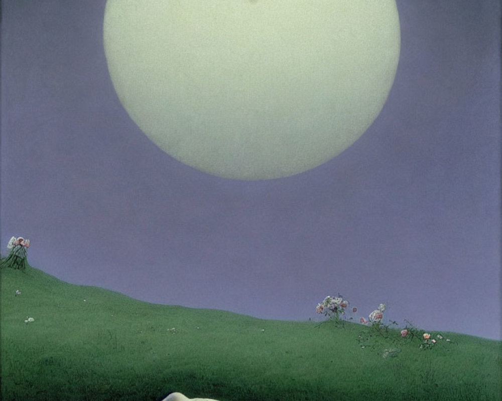 Surrealistic landscape with yellow moon, green hill, reclining figure, and observer with flowers