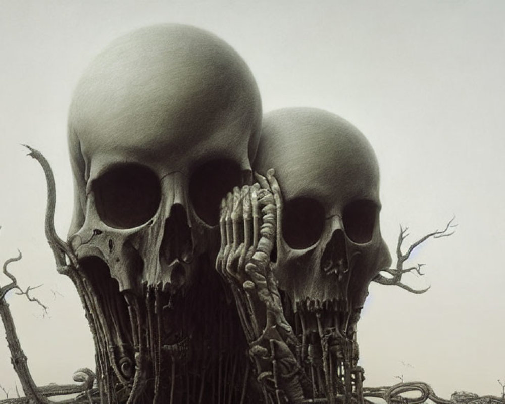 Surreal artwork featuring fused skulls on tangled root-like structure