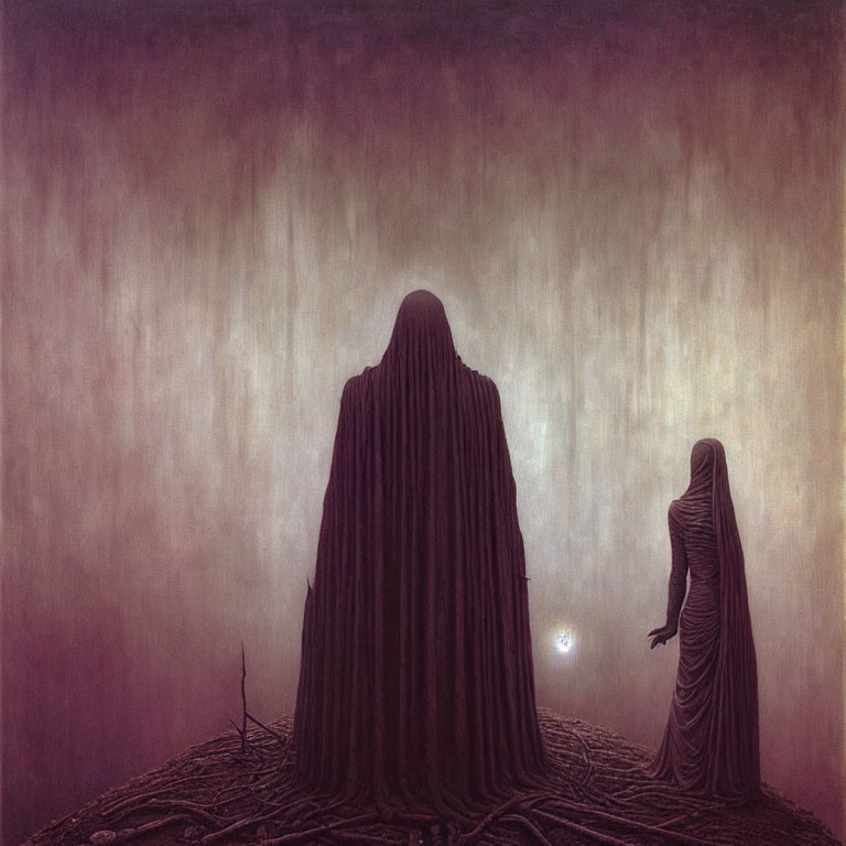Shrouded figures with glowing orb on textured surface