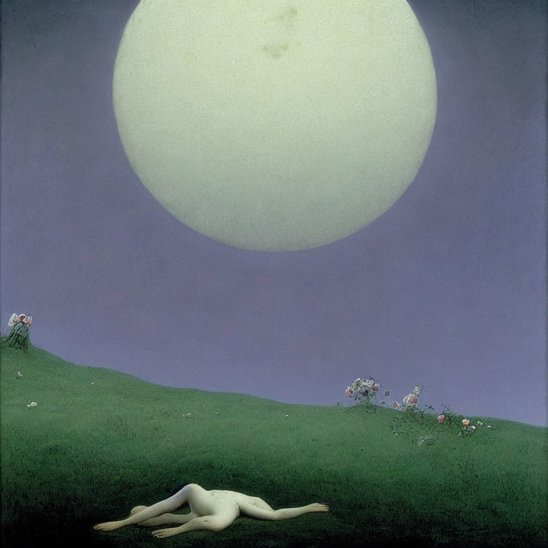Surrealistic landscape with yellow moon, green hill, reclining figure, and observer with flowers