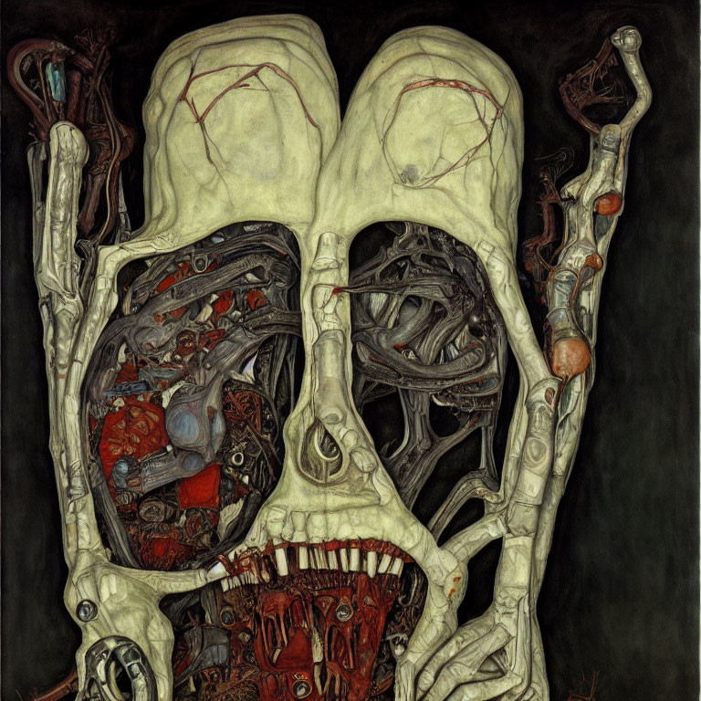 Surrealist painting with skull-like face and intricate elements