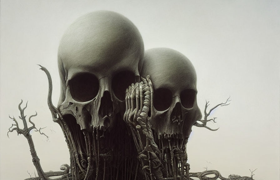 Surreal artwork featuring fused skulls on tangled root-like structure