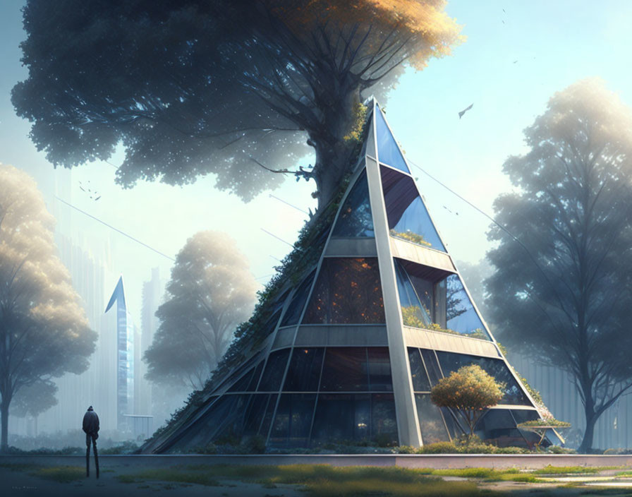 Futuristic triangular building with lush greenery and city structures.