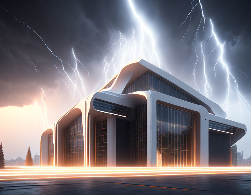 Futuristic illuminated building under dramatic lightning sky at dusk
