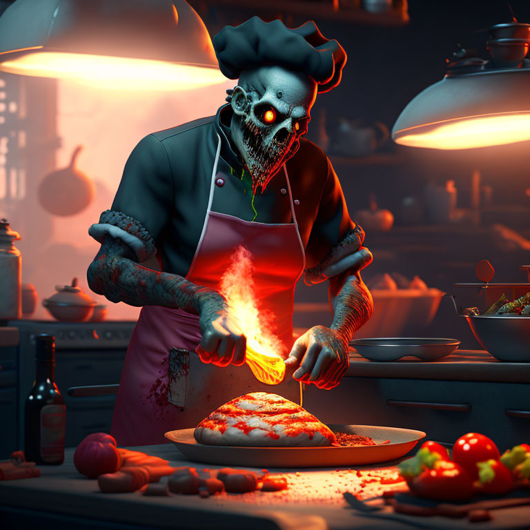 Zombie Chef garnishes pizza with fiery spice in dimly lit kitchen