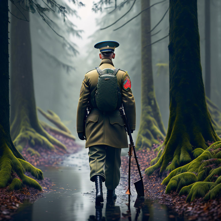 Soldier in green uniform walking in misty forest with rifle among moss-covered trees