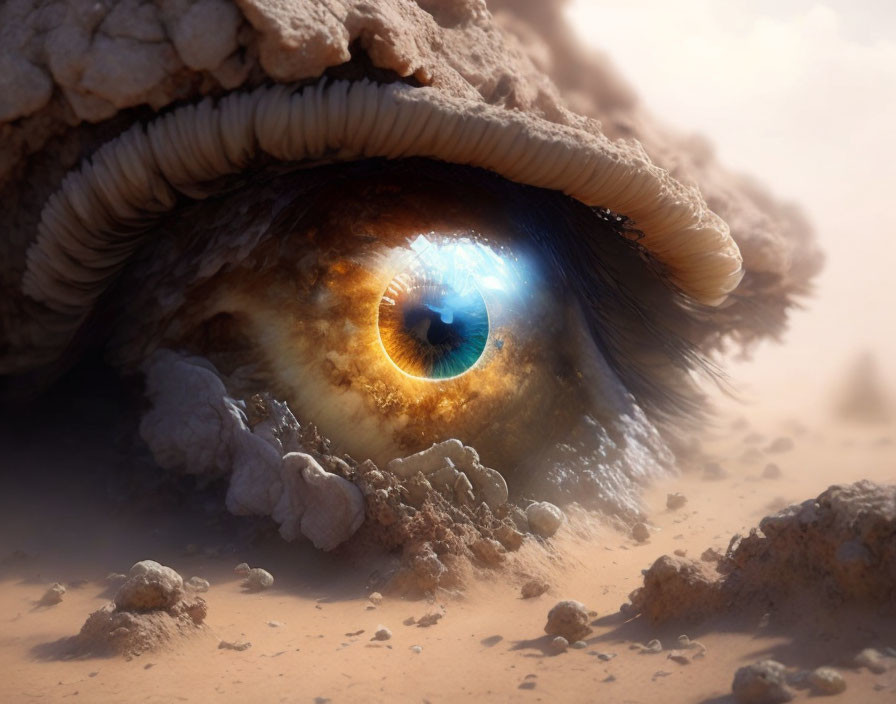 Close-Up Digital Art of Human Eye in Sandy Terrain with Shabby Hat
