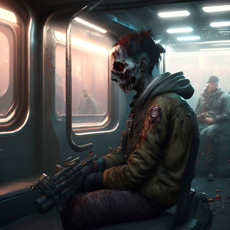 Zombie-like face mask person with gun in subway car scene