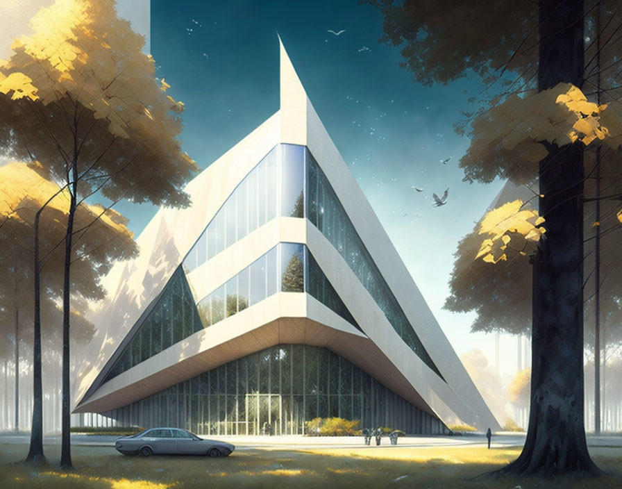 Sharp triangular futuristic building in forest setting with car, trees, autumn leaves, and flying birds