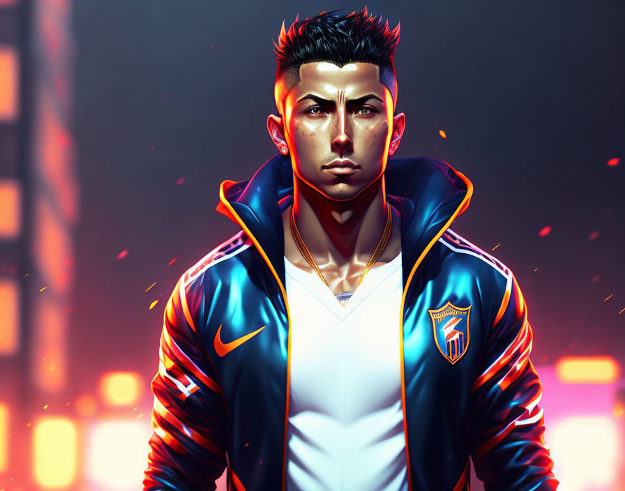 Stylized man with slick hair in vibrant sports jacket illustration
