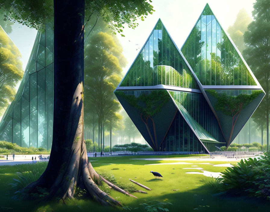 Modern glass building in forest with sunlight filtering through trees