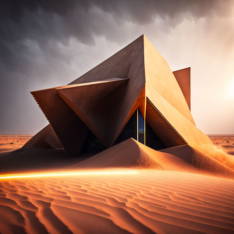 Contemporary geometric structure in desert landscape with wind-sculpted sand dunes and dramatic cloudy sky