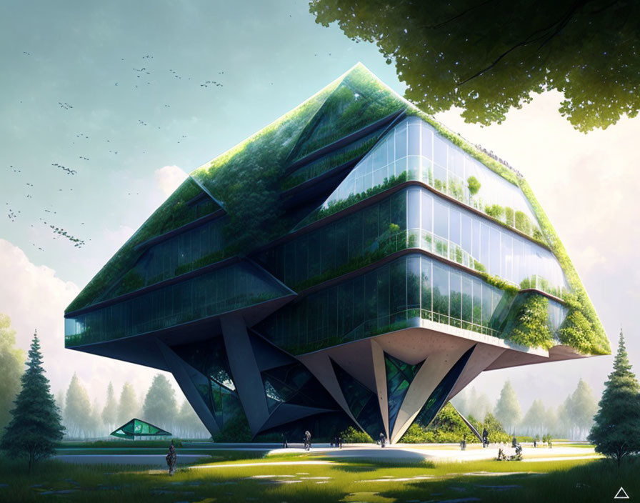 Geometric greenery-covered futuristic building in park setting.