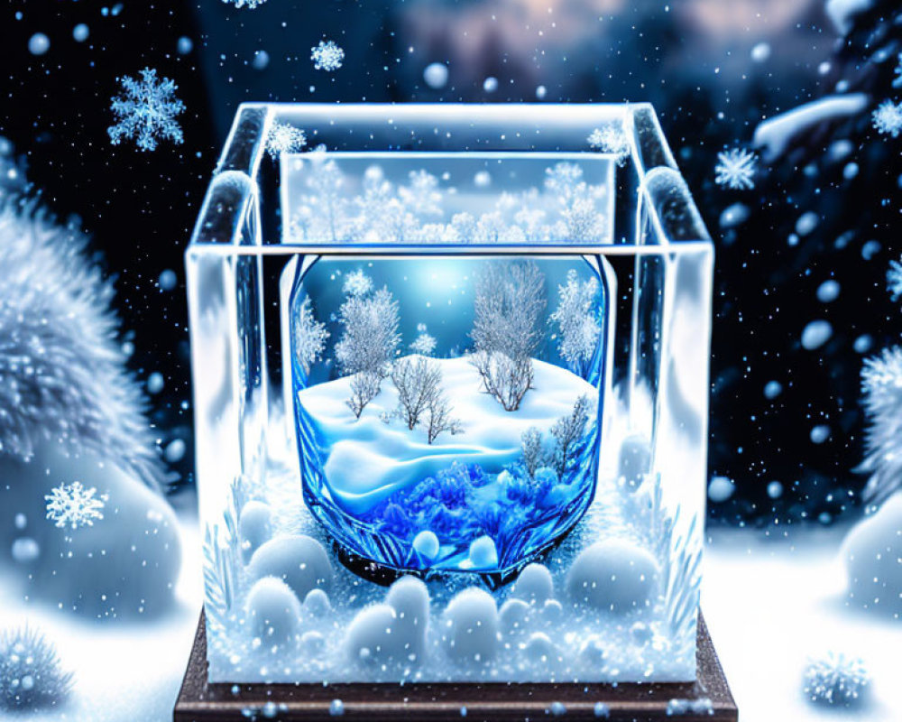 Transparent cube with snowy landscape and falling snowflakes