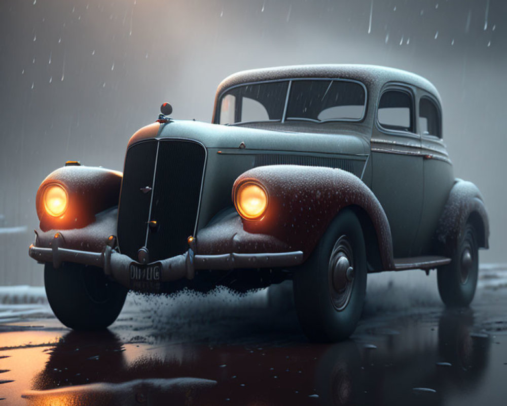 Classic Car Parked on Wet Night Road with Headlights and Raindrops