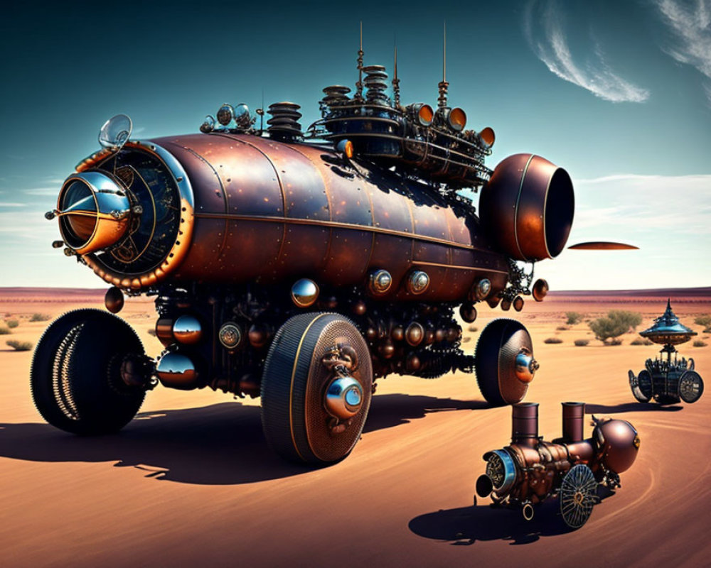 Steampunk-style vehicle with large wheels in desert landscape