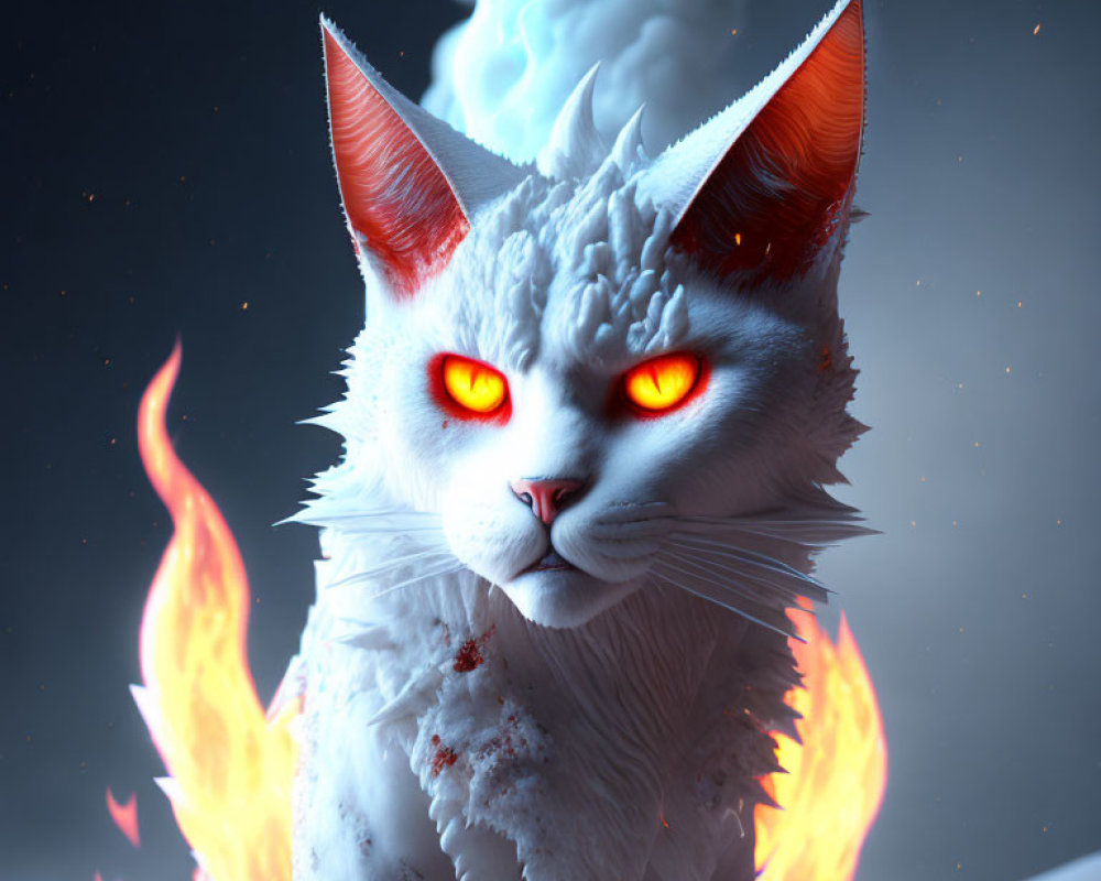 White Cat with Glowing Red Eyes and Fire Backdrop