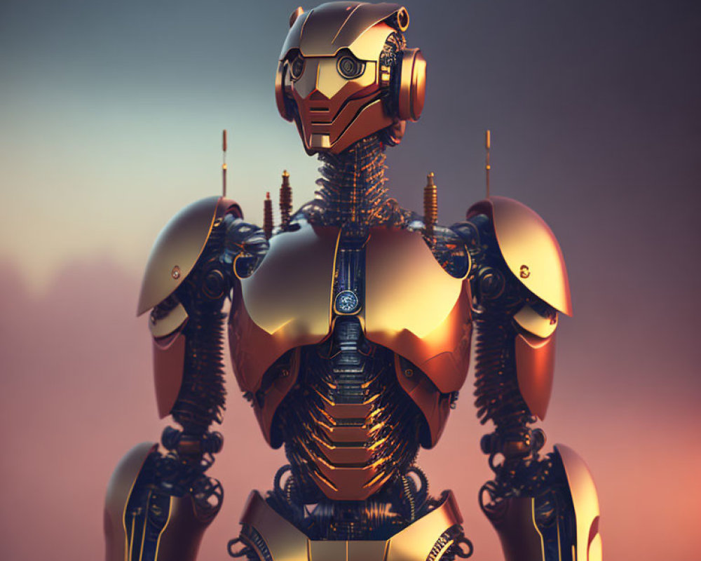 Futuristic humanoid robot with gold and silver body and visor-like eyes