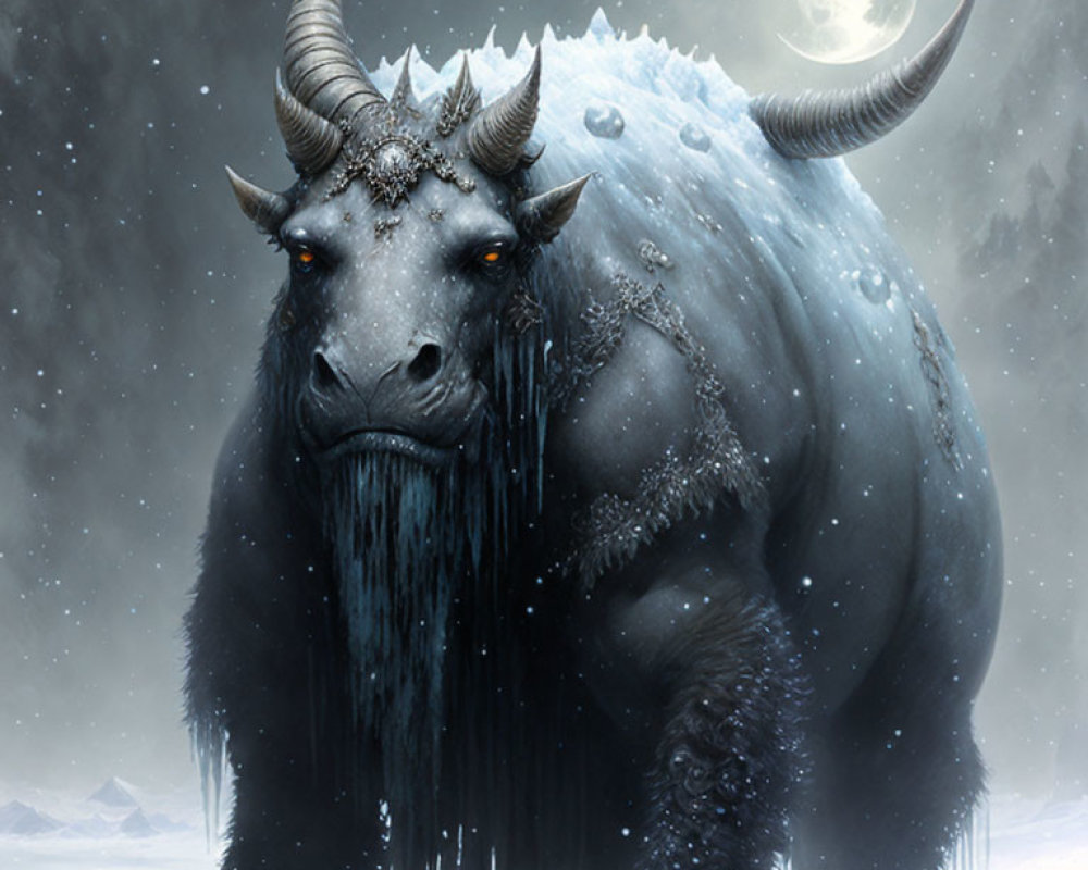 Majestic mythical bull with curled horns in snowy night landscape
