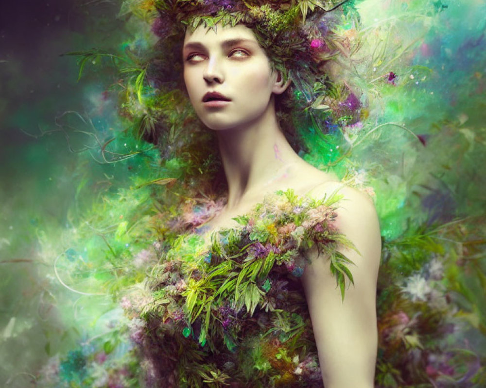 Vibrant surreal portrait with vegetation enveloping body and hair