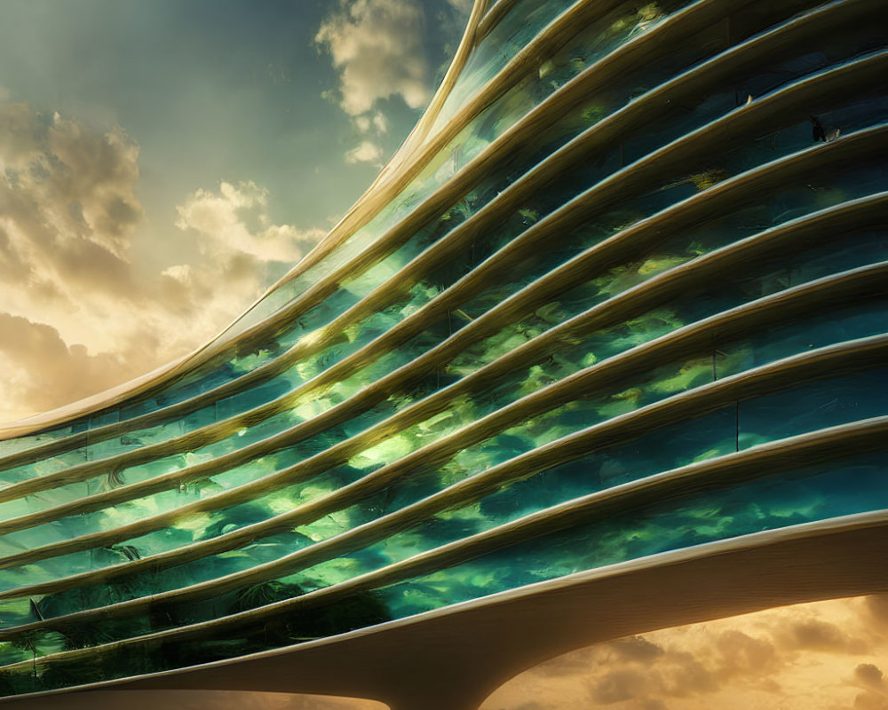 Wave-shaped glass building under golden sunlight