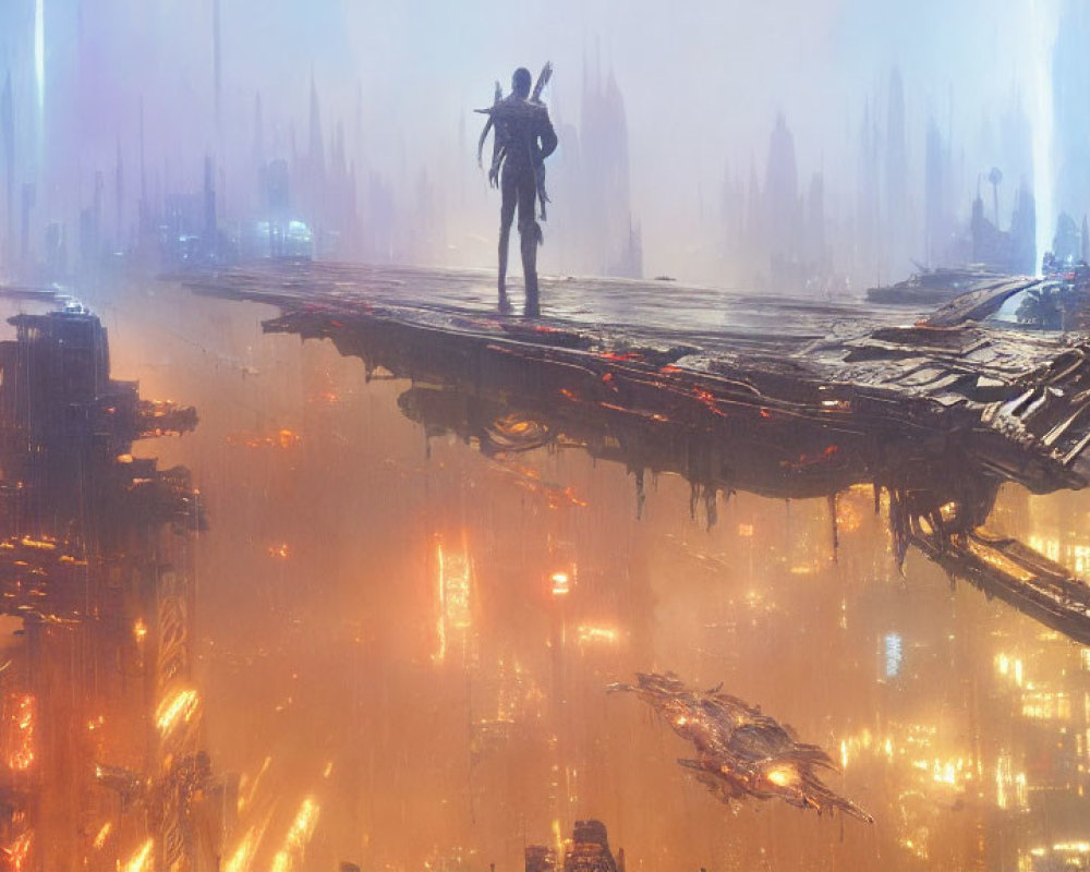 Futuristic platform with solitary figure overlooking neon-lit cityscape