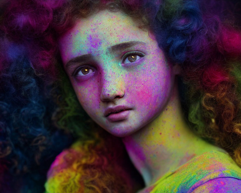 Vibrant rainbow hair and colorful face powder on young person