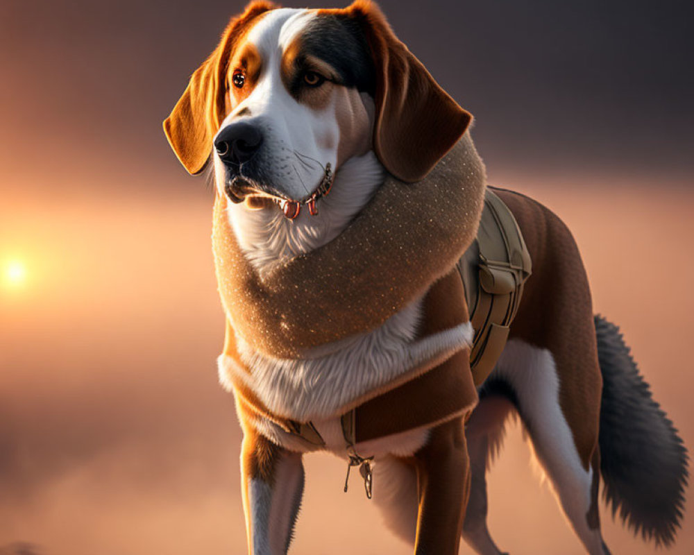 Stylish Beagle Dog in Sweater and Harness at Sunset