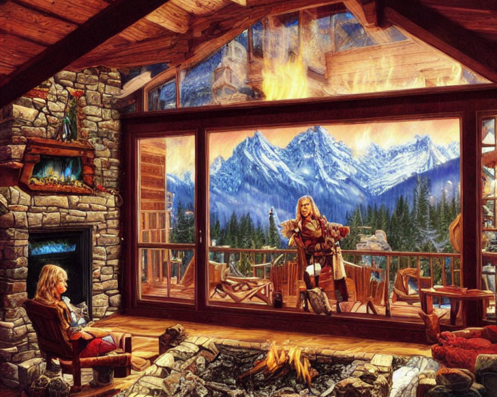 Wooden cabin interior with fireplace and snowy mountain view