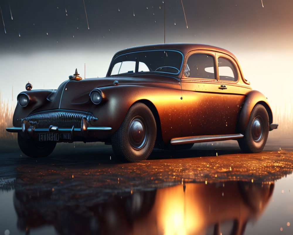 Vintage Car Reflecting in Rainy Water at Misty Sunrise or Sunset