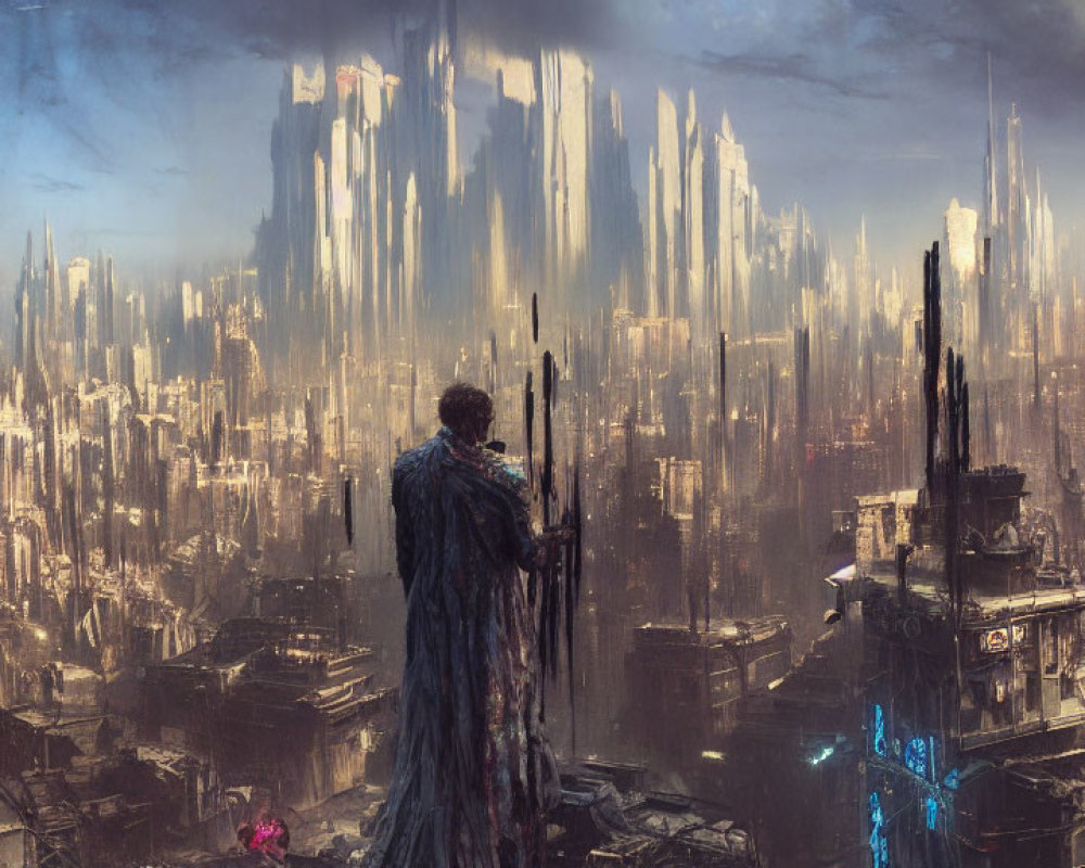 Solitary figure gazes at futuristic cityscape with skyscrapers