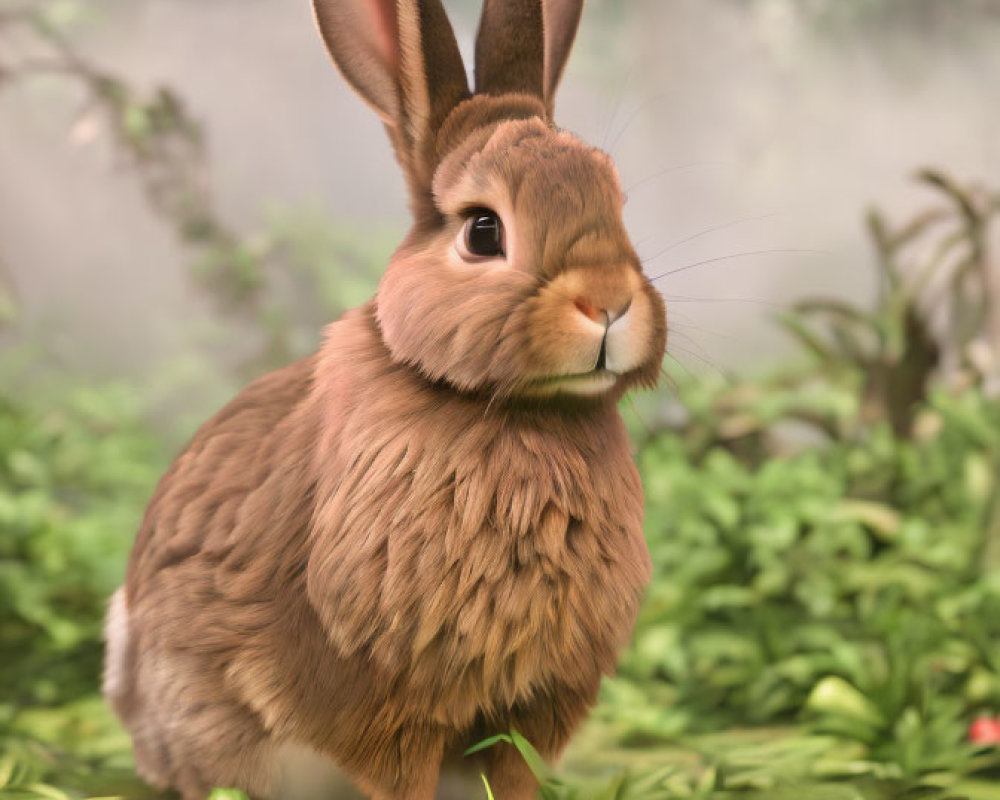 Whimsical rabbit illustration in lush forest setting