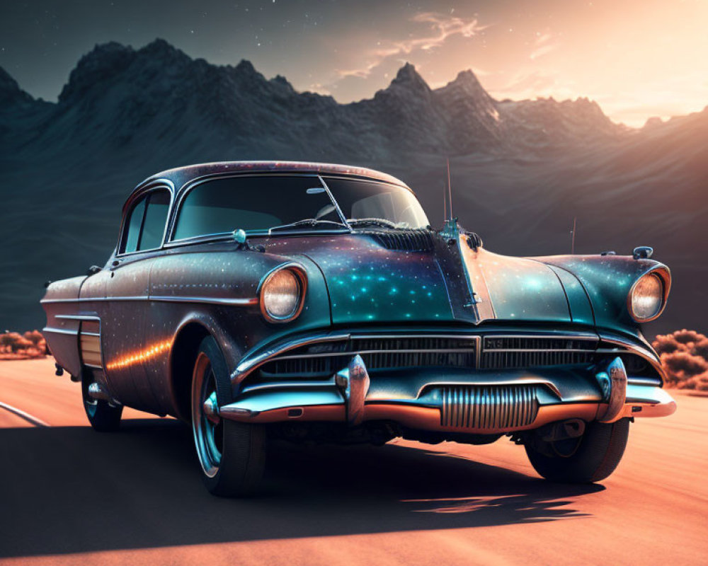 Vintage Car with Galaxy Paint in Desert Twilight