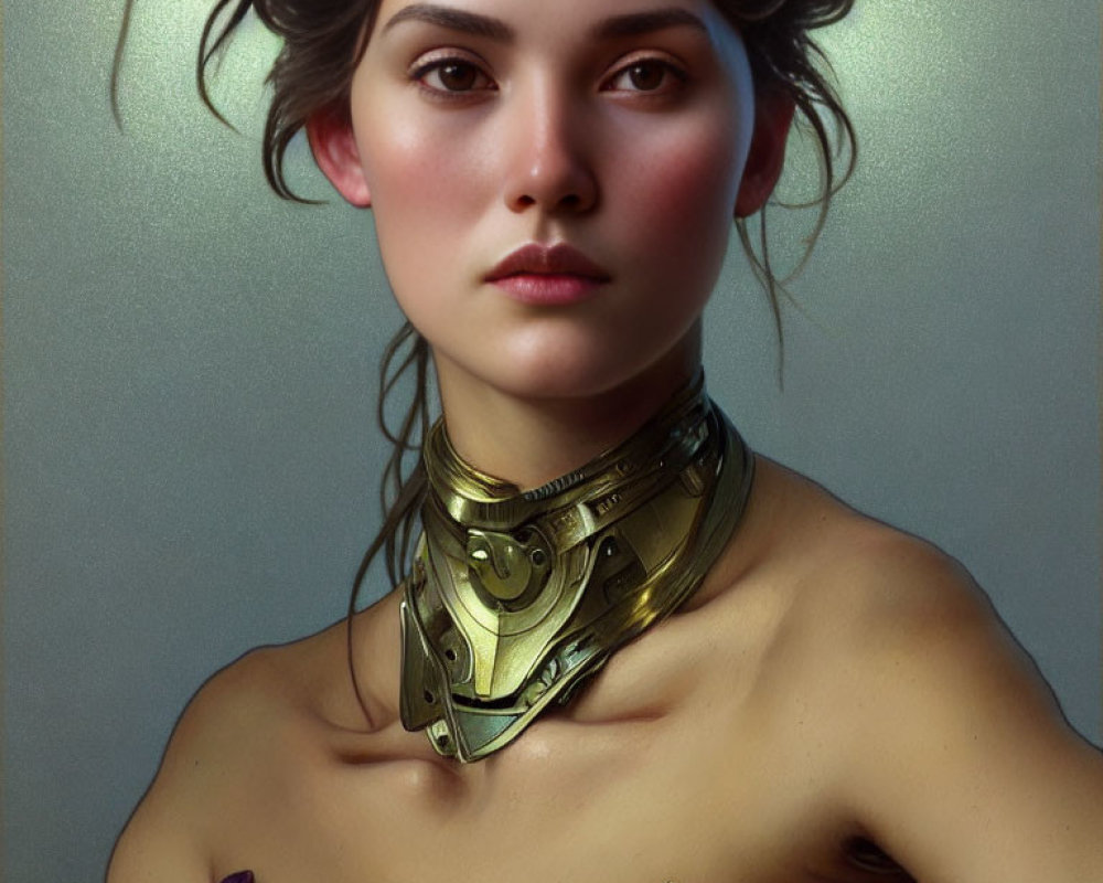 Digital painting of woman with intense gaze, golden neckpiece, purple garment