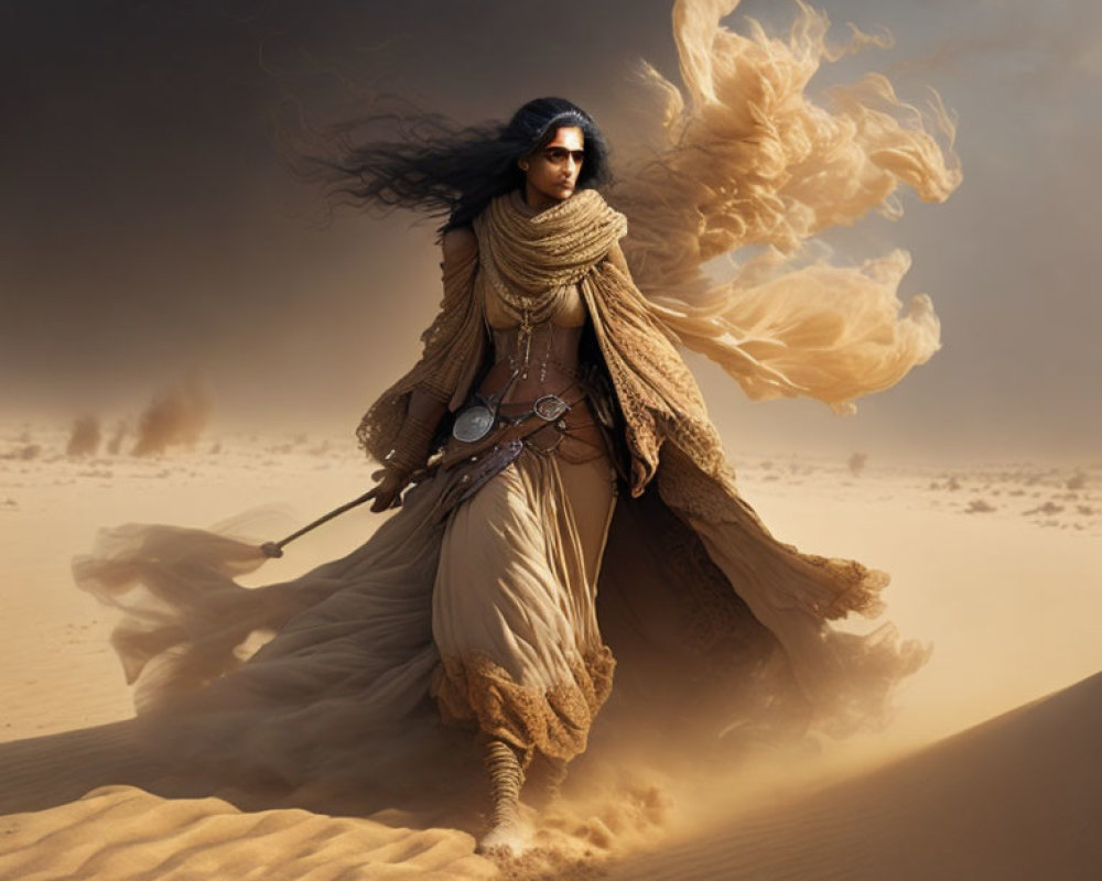 Woman in desert attire walking in sandy landscape with flowing garments and billowing scarf against dramatic sky.