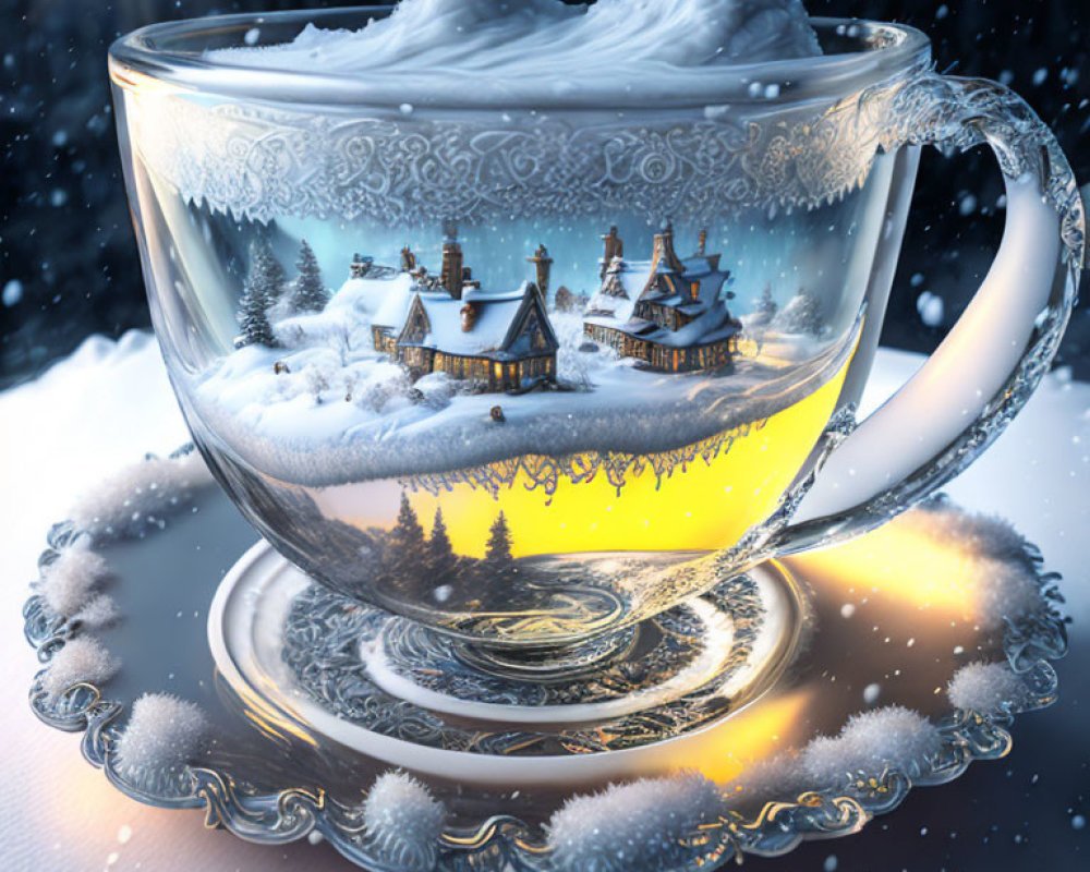 Transparent Tea Cup with Winter Village Scene in Warm Yellow Beverage