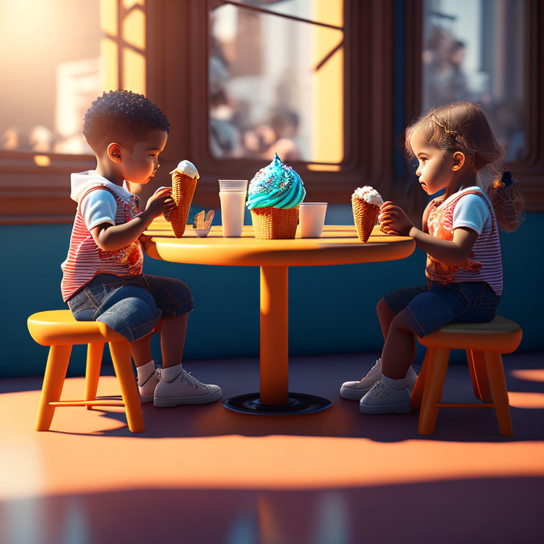 Animated children eating ice cream indoors with city view.