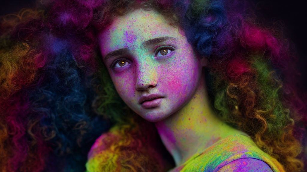 Vibrant rainbow hair and colorful face powder on young person