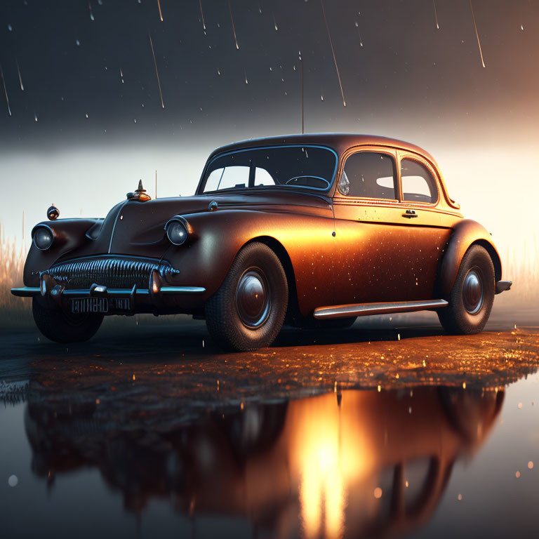 Vintage Car Reflecting in Rainy Water at Misty Sunrise or Sunset