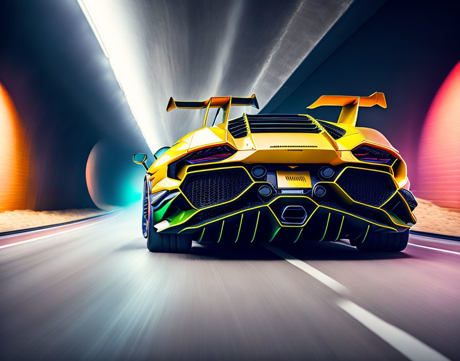 Yellow Sports Car Speeding Through Tunnel with Green Highlights