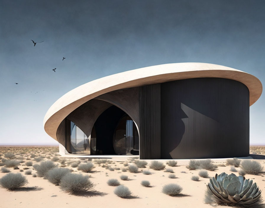 Futuristic curved glass structure in desert landscape with birds