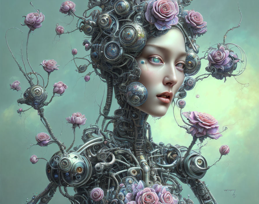 Digital artwork featuring female figure with mechanical body and pink roses, surrounded by metallic coils and spheres.